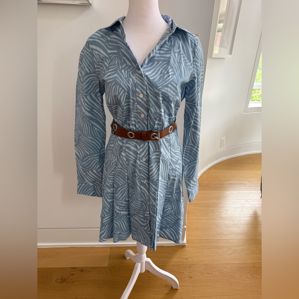 Michael by Michael Kors Blue Patterned Shirt Dress with Brown Belt